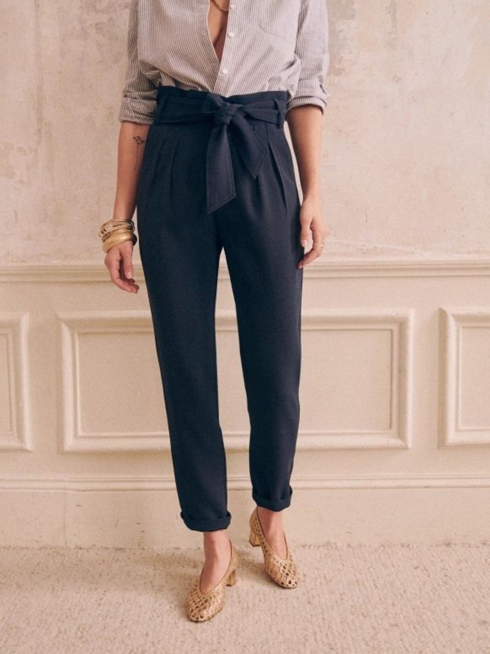 Sezane Austin High-Waist Tie-Belt  navy Paperbag Trousers